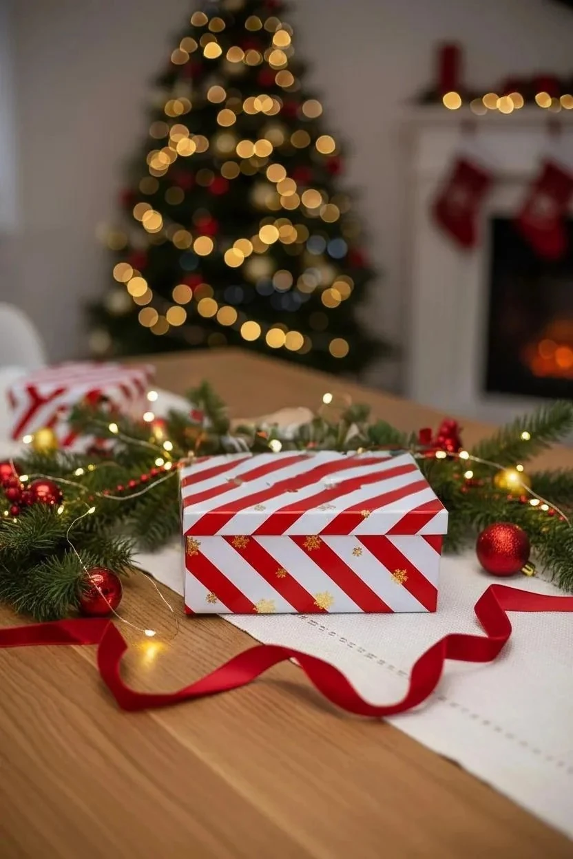 Kırmızı Şeritli Yılbaşı Sürpriz Kutusu – 23 cm