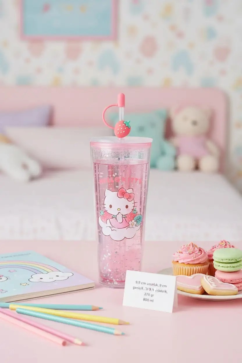 Sanrio Lisanslı Çift Cidarlı Pipetli Plastik Şişe (800ml) - Hello Kitty