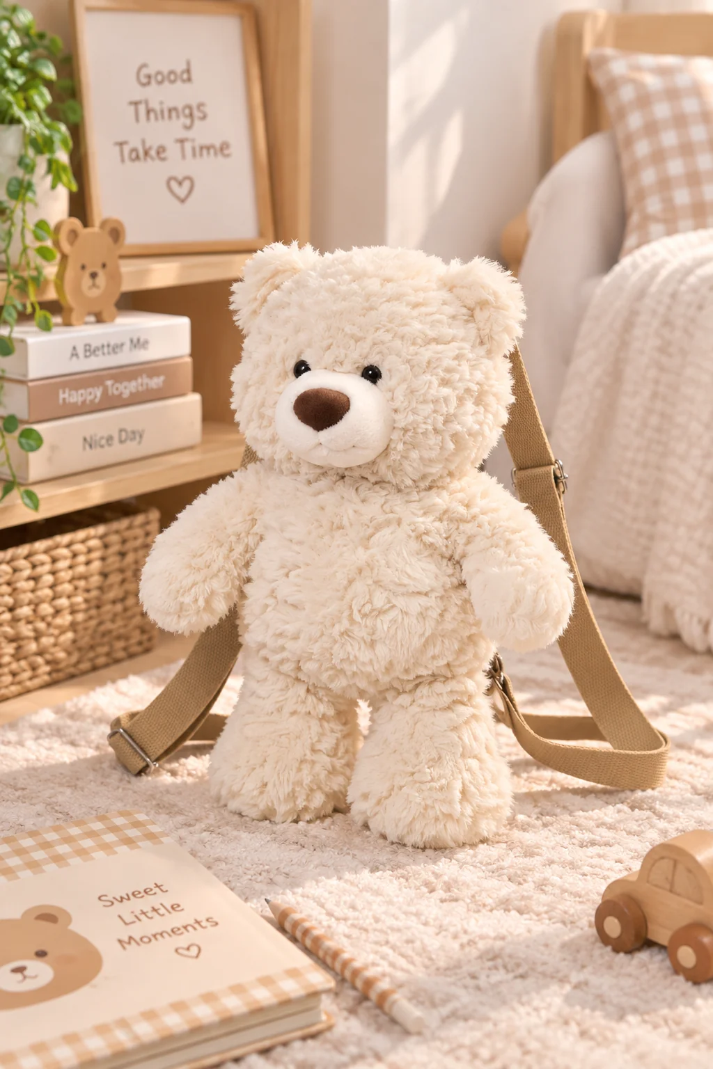 Miniso Lisanslı Hediye Ayı Peluş Sırt Çantası Haki Ayarlanabilir Askılı Çocuk Çantası