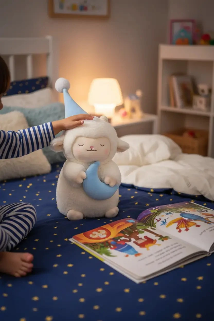 Miniso Lisanslı Kuzu Baa Uyuyan Kuzu Peluş Oyuncak – Ay Detaylı 28 Cm