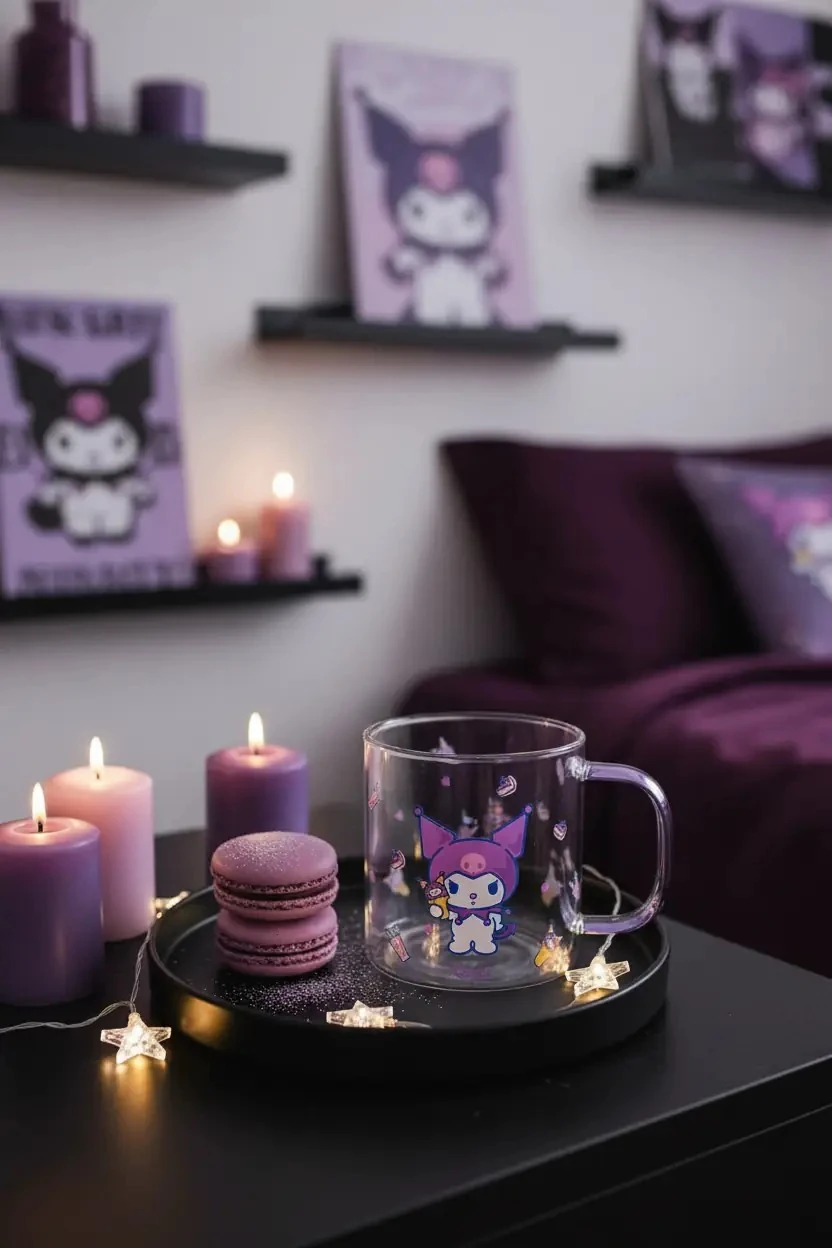 Sanrio Lisanslı Kuromi Renkli Saplı Cam Bardak – Borosilikat Cam Estetik Kupa 420 mL