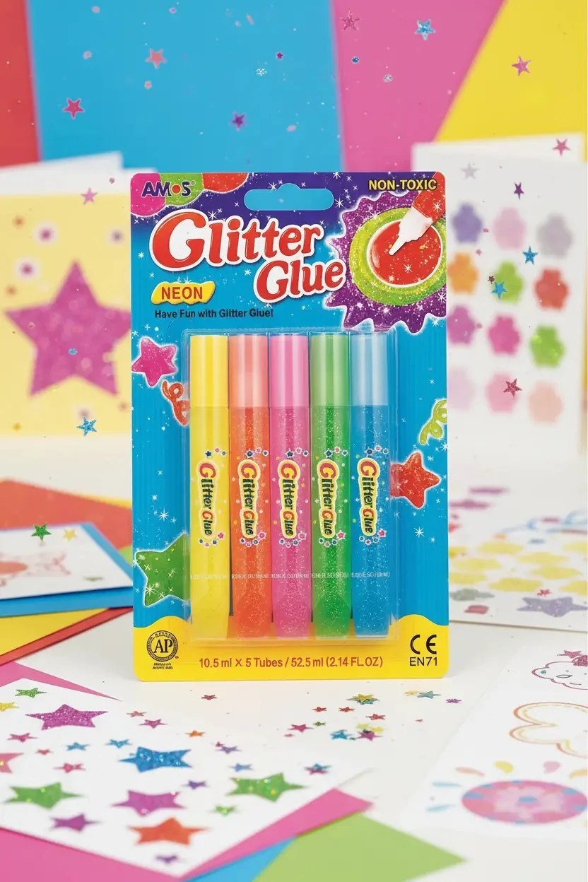 Amos Simli Yapıştırıcı Neon 5’li Blister Seti 10.5 ML – Dekorasyon İçin Parıltılı Süsleme Boyası