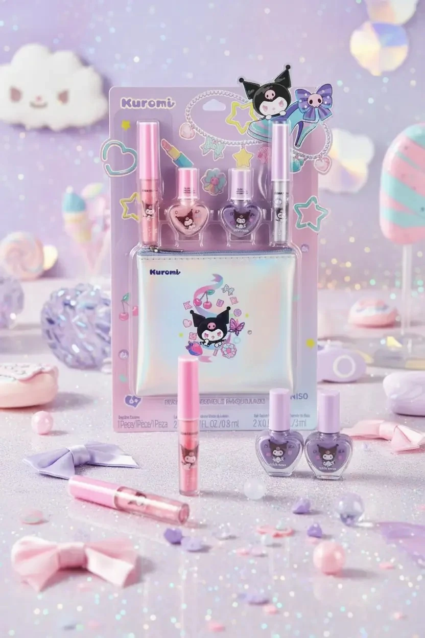 Sanrio Lisanslı Kuromi Dudak Parlatıcısı, Oje ve Makyaj Seti – Parlak ve Eğlenceli Bakım