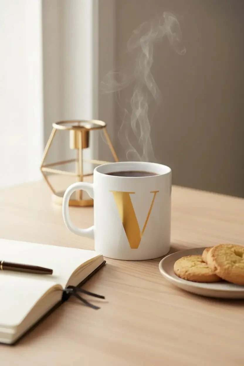 V Harfi Baskılı Minimalist Seramik Bardak – Kişiye Özel Şık Kahve ve Çay Kupası 330 Ml