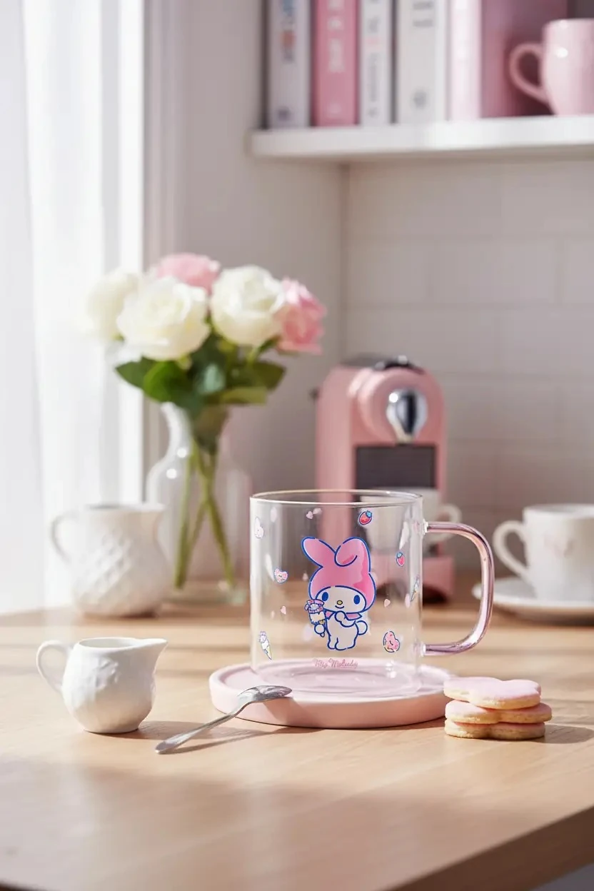 Sanrio Lisanslı My Melody Cam Bardak 420 Ml – Renkli Saplı Şeffaf Tasarım