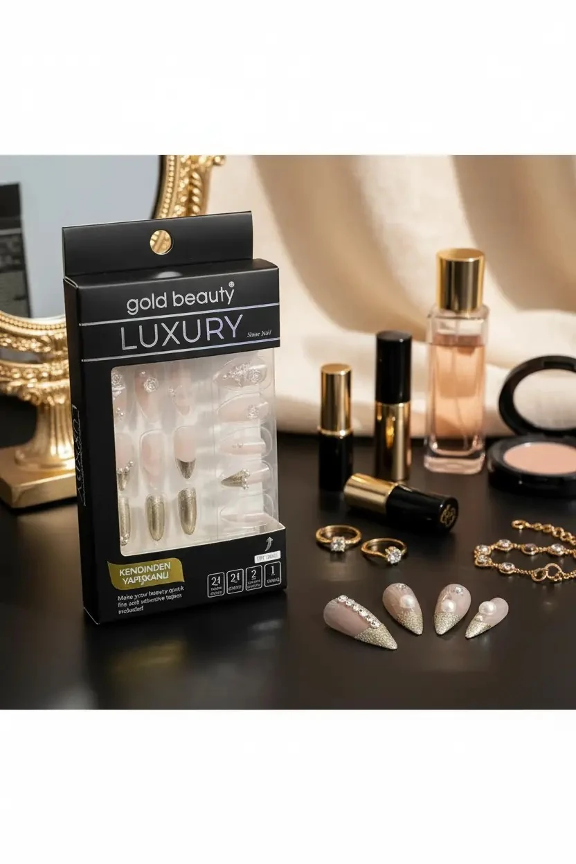Gold Beauty Taşlı Takma Tırnak – Kendinden Yapışkanlı ve Zarif Detaylı Pratik Set