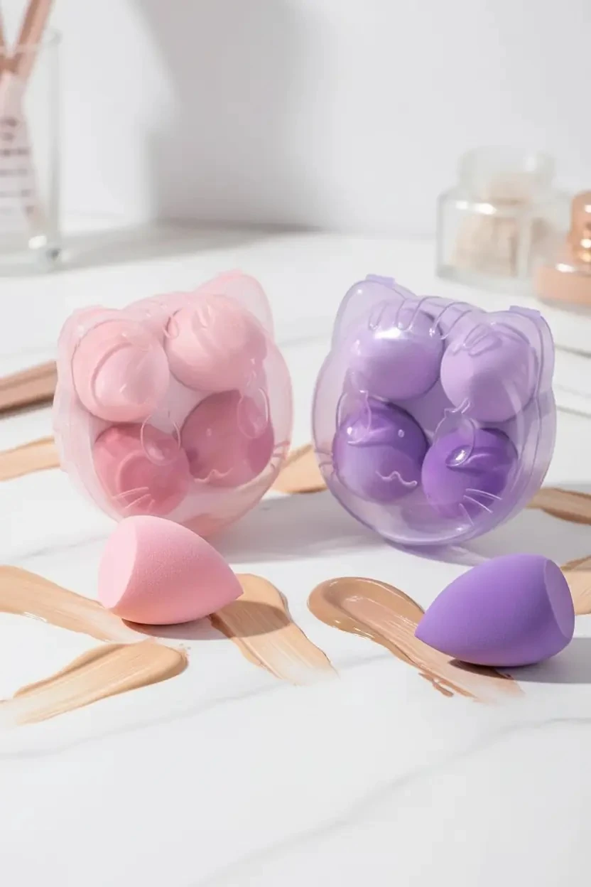 Kedi Şekilli Saklama Kutulu 4'lü Makyaj Süngeri