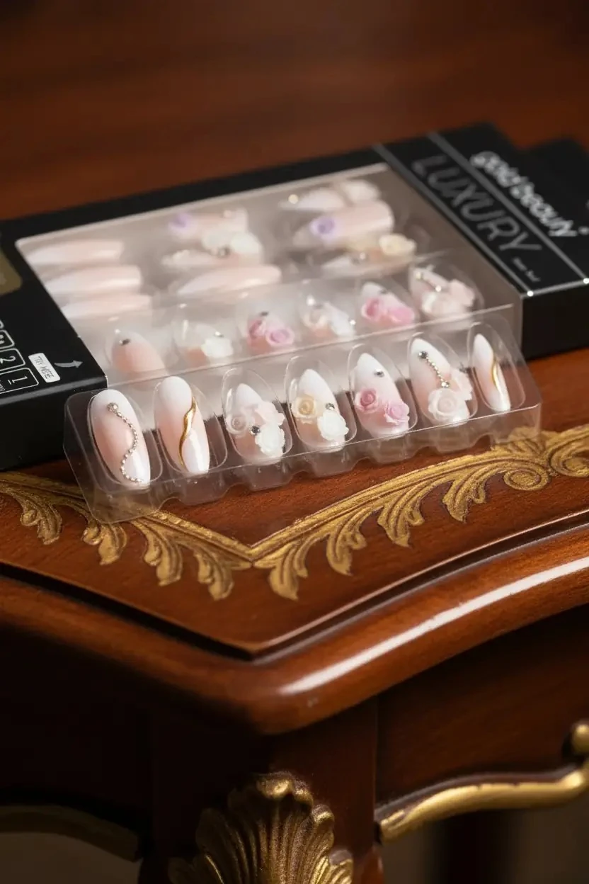 Gold Beauty Taşlı Takma Tırnak – Kendinden Yapışkanlı ve Zarif Detaylı Pratik Set