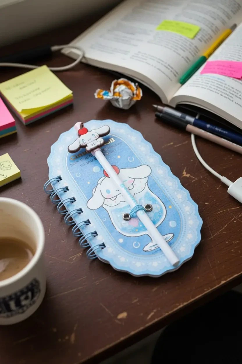 Sanrio Lisanslı Renkli Yaz Serisi Pipetli Kalem Figürlü Telli Defter - Cinnamoroll