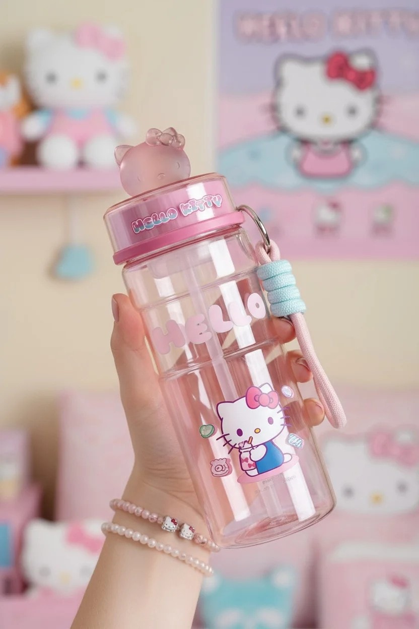 Sanrio Lisanslı Hello Kitty  Tatlı Fabrikası Serisi Dekorasyonlu ve Askılı Plastik Şişe 610mL