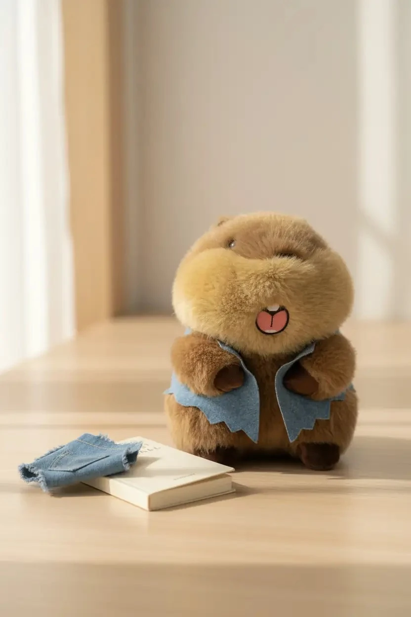 Miniso Lisanslı Marmot Peluş Oyuncak – Denim Kıyafet Detaylı 20 Cm