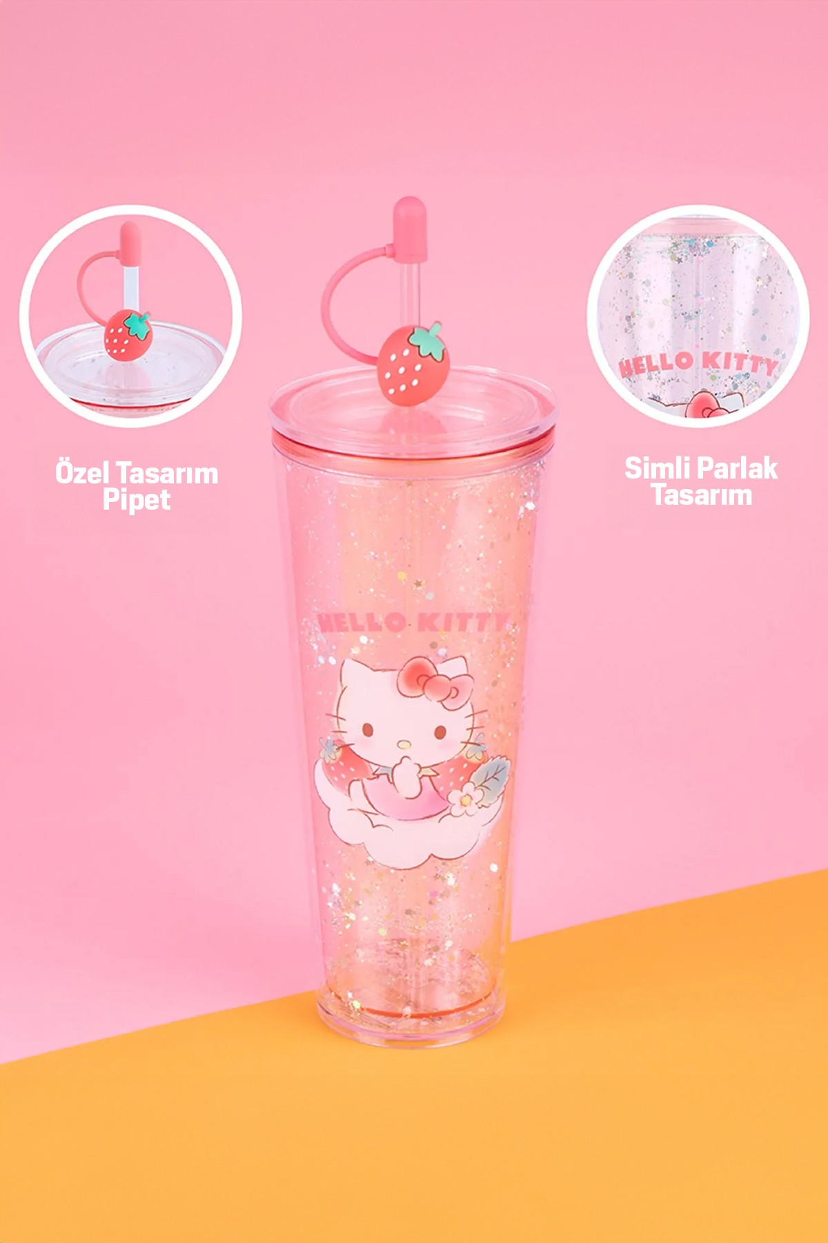 Sanrio Lisanslı Çift Cidarlı Pipetli Plastik Şişe (800ml) - Hello Kitty