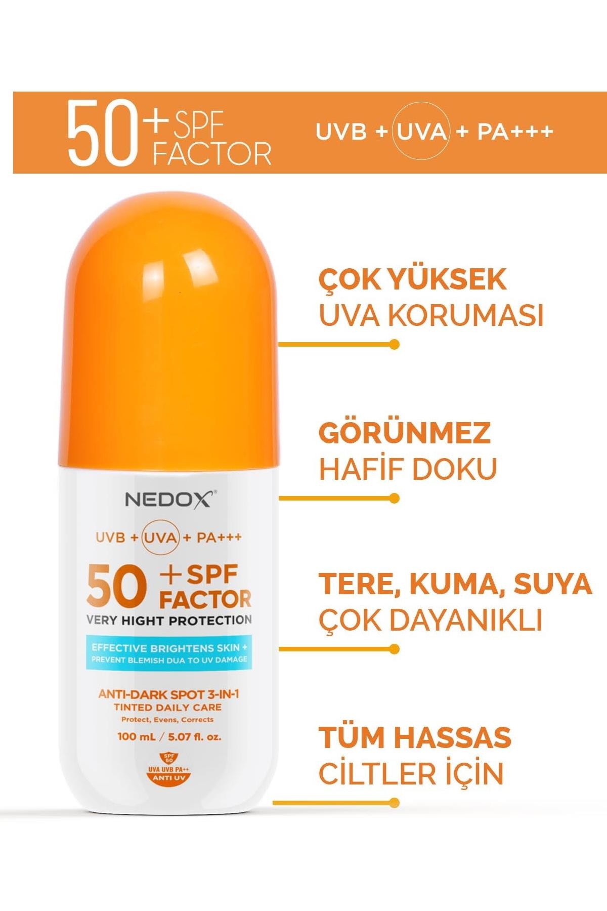 Nedox Leke Karşıtı Spf 50+ Tüm Ciltler İçin Yüksek Korumalı Nemlendirici Güneş Kremi 100 Ml