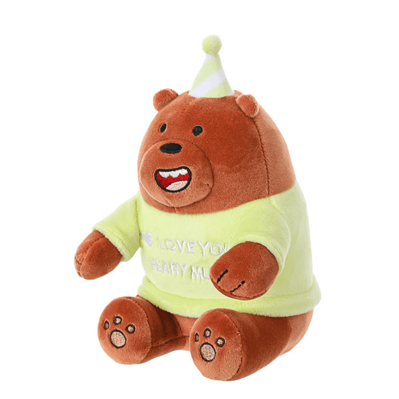 We Bare Bears Grizzly Doğum Günü Şapkalı Peluş Oyuncak 19 cm