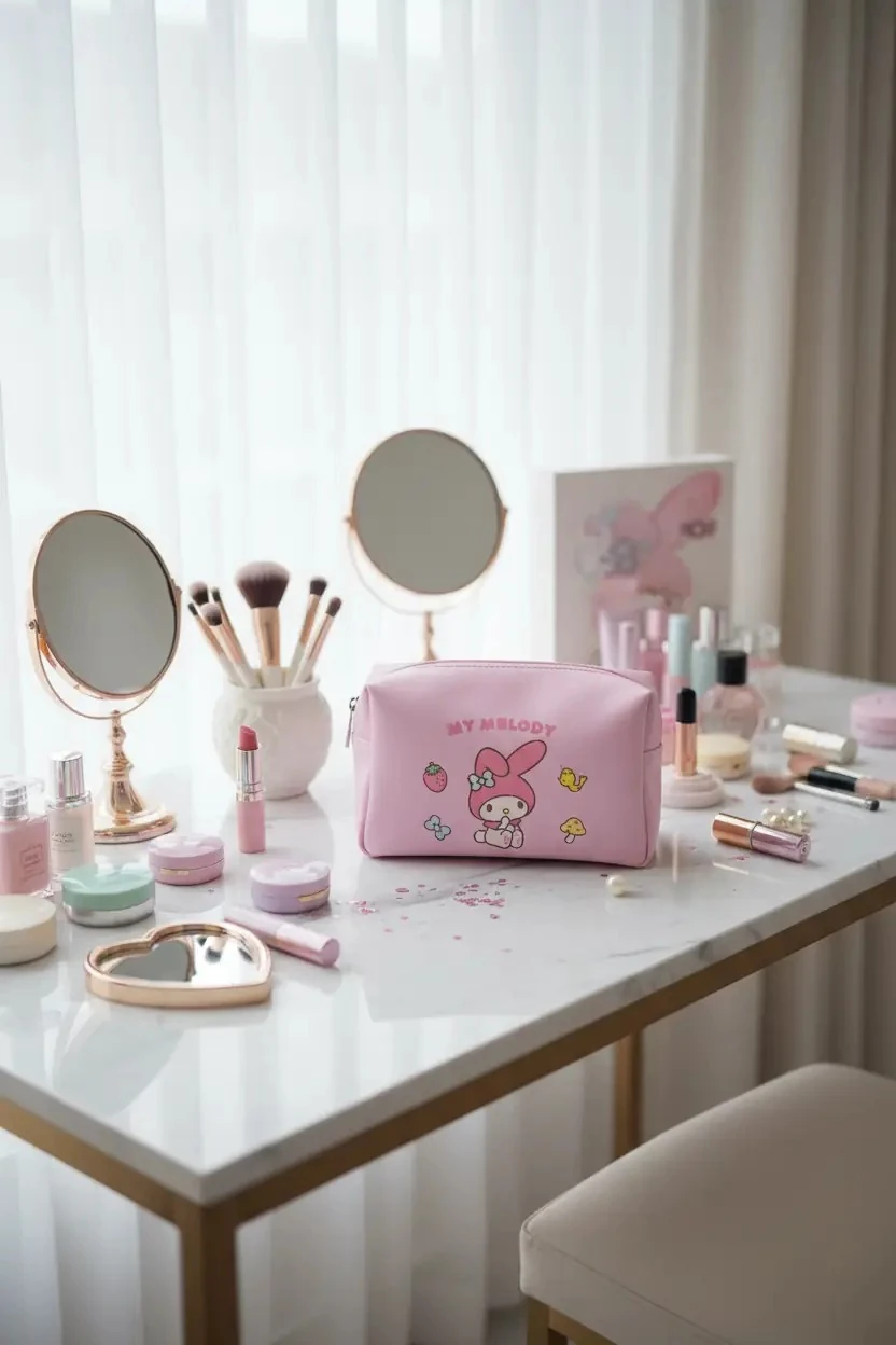 Sanrio Lisanslı My Melody Büyük Kapasiteli Kare Kozmetik Çantası – Geniş İç Hacimli Seyahat ve Makyaj Çantası 20 Cm