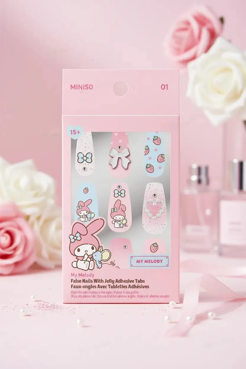 Sanrio Lisanslı My Melody Jel Yapışkanlı Takma Tırnak Pembe Mavi Şık Tasarım Model 01
