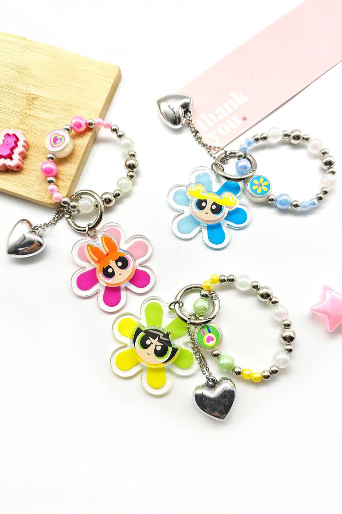Powerpuff Girls Lisanslı Boncuklu Çiçek Figürlü Anahtarlık
