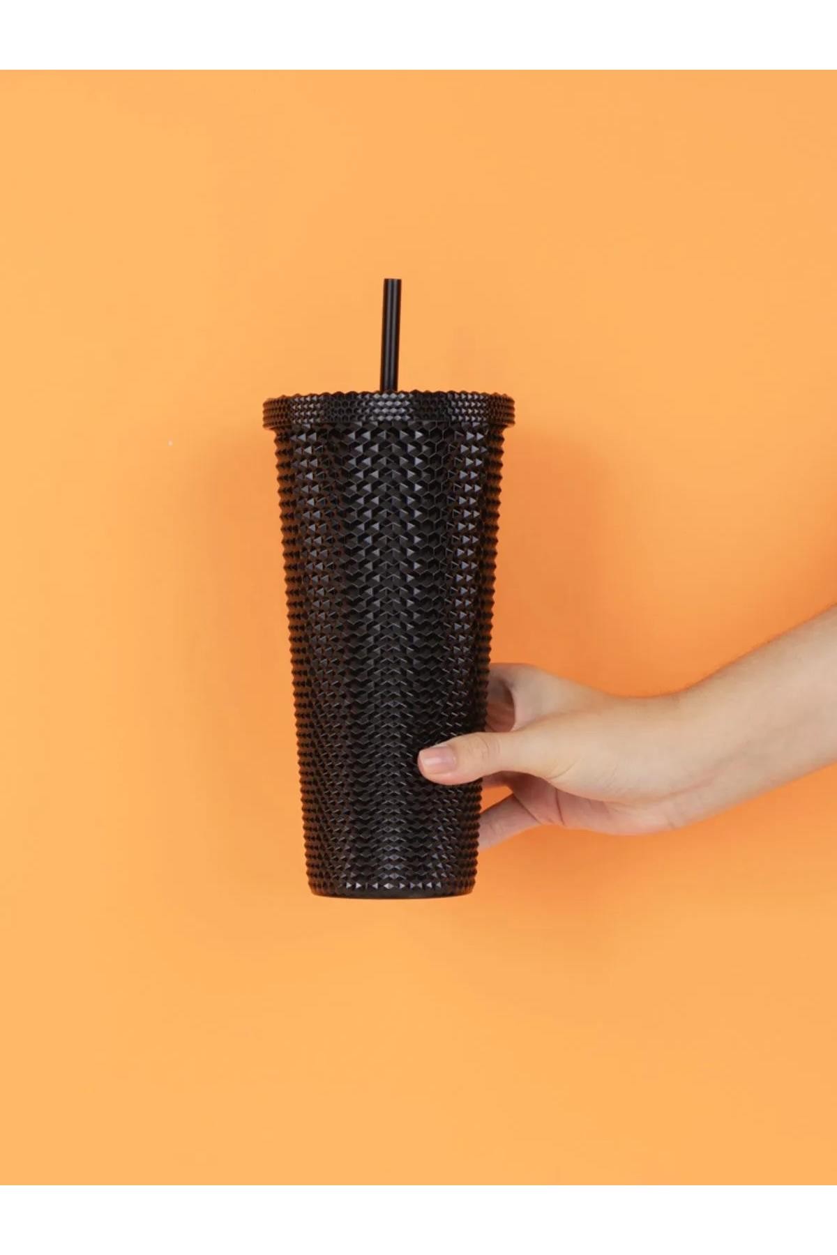 Dokulu Tasarım Pipetli Plastik Şişe (680Ml) - Siyah