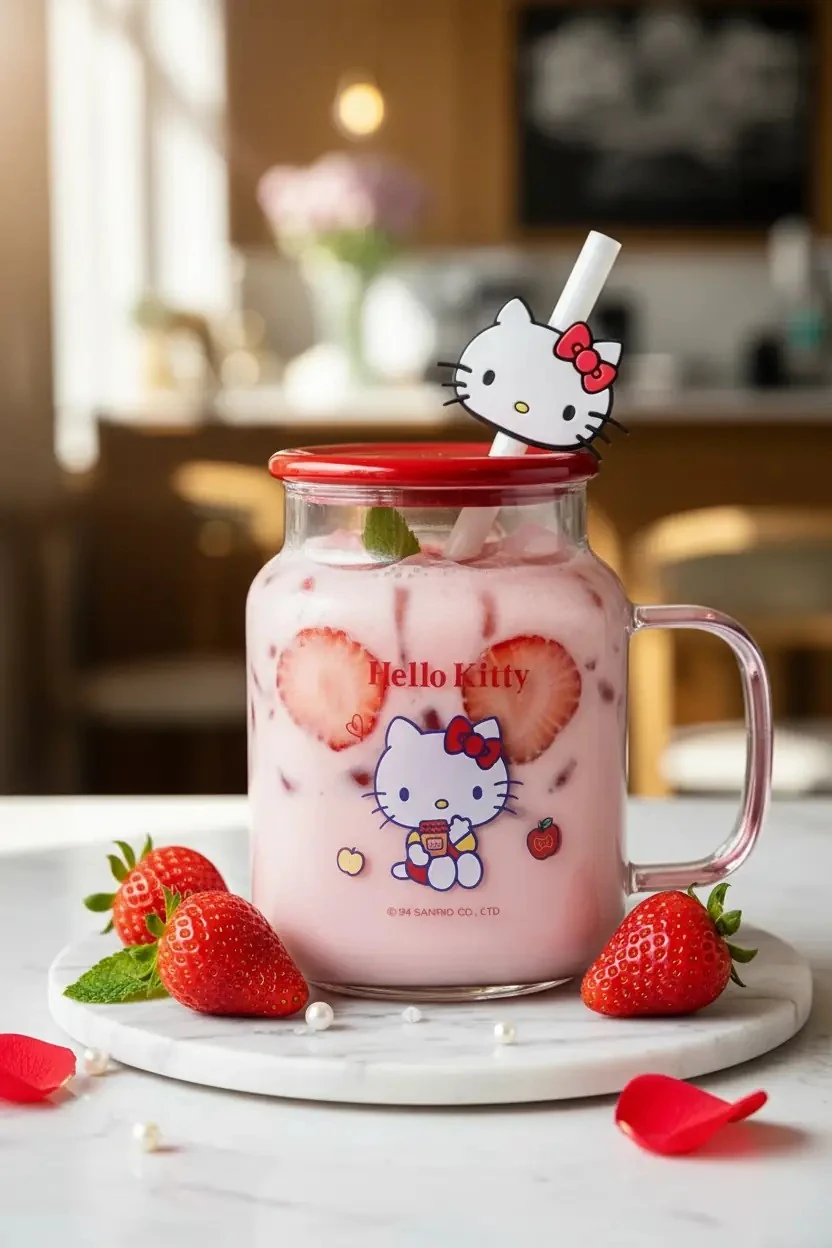 Sanrio Lisanslı Hello Kitty Kapaklı ve Pipetli Cam Bardak 450 Ml