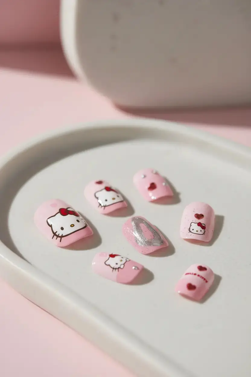 MINISO Sanrio Lisanslı Hello Kitty Jel Yapışkanlı Takma Tırnak Şık Tasarım Model 04