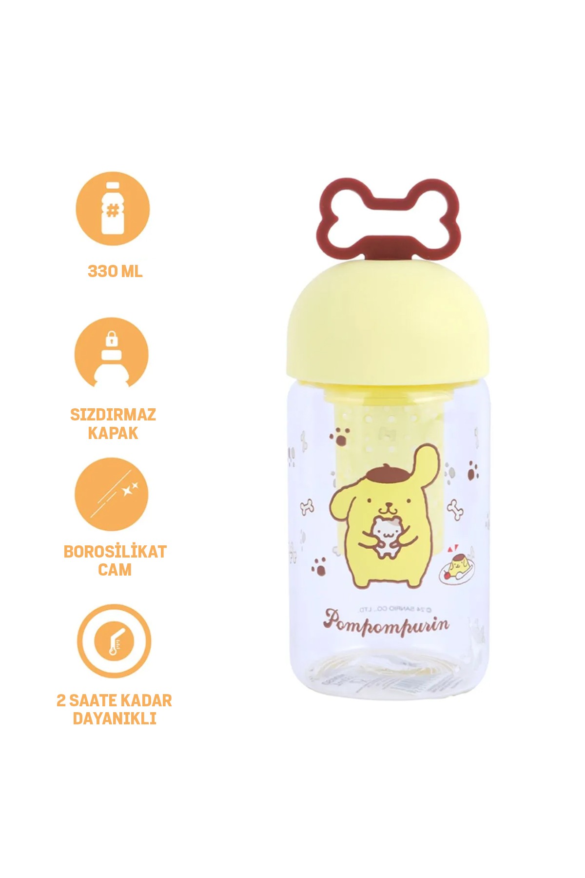 Sanrio Lisanslı Süzgeçli Borosilikat Cam Şişe - Pompompurin