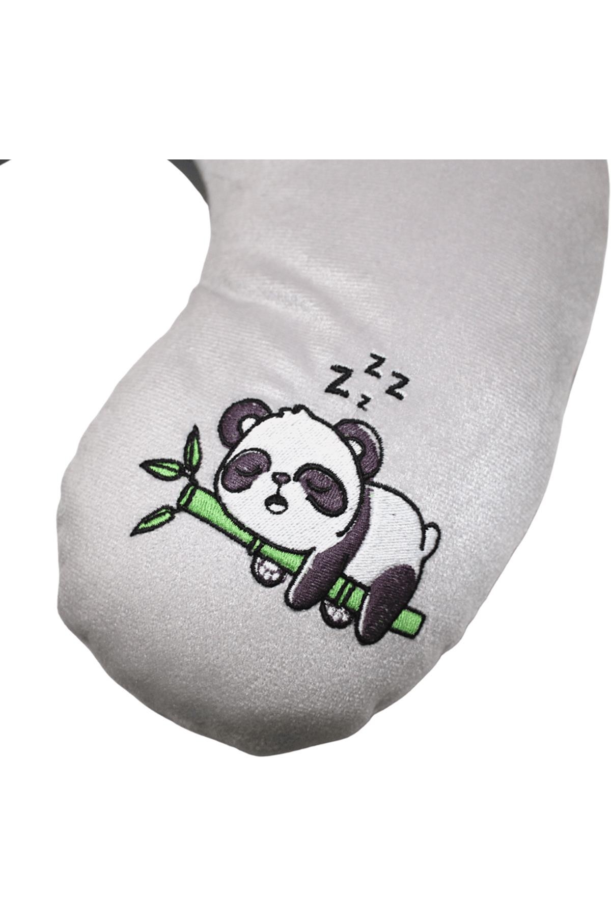 Uykucu Panda Boyun Yastığı,Seyahat Yastığı Gri 30 Cm