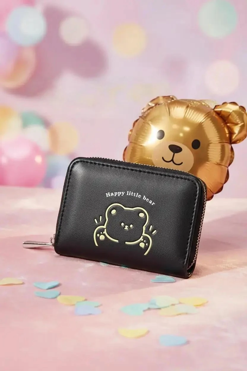 Miniso Lisanslı Little Bear Serisi Fermuarlı Mini Bozuk Para Çantası Siyah 11 Cm