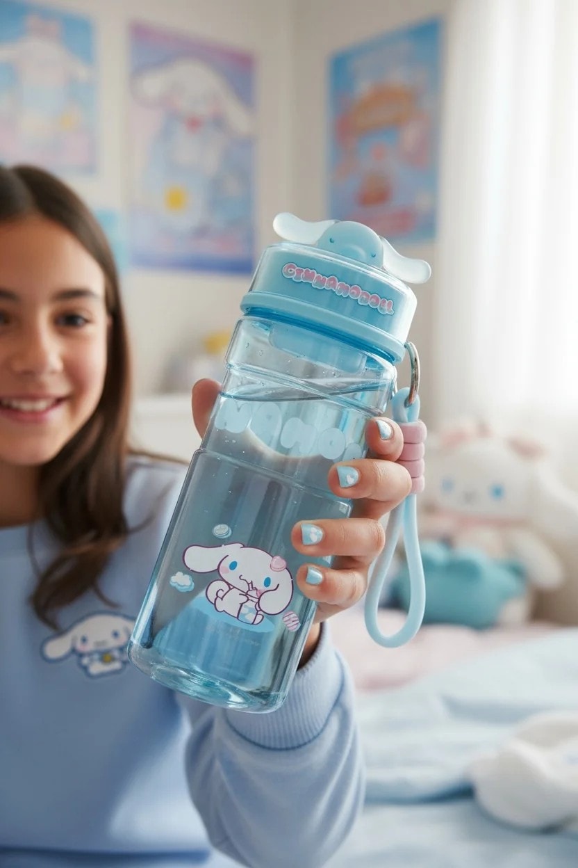 Sanrio Lisanslı Cinnamoroll Tatlı Fabrikası Serisi Dekorasyonlu ve Askılı Plastik Şişe 610mL