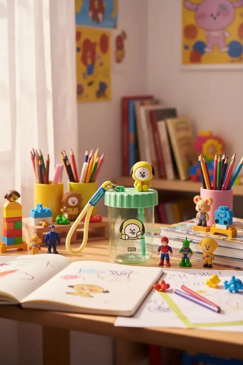 BT21 Lisanslı Süslemeli ve Askılı Plastik Şişe (520mL) - Chimmy