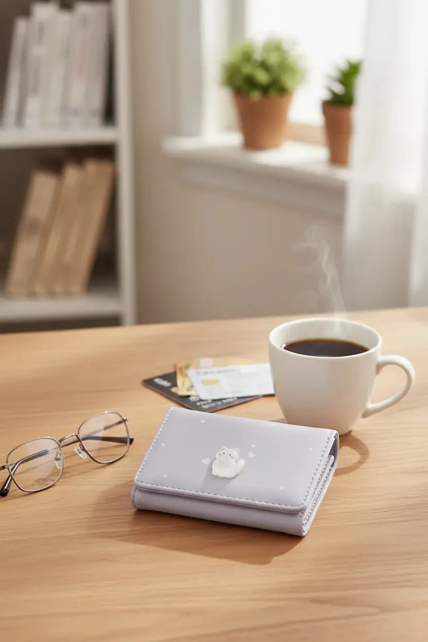 Sevimli Kedi Serisi Üç Katlı Kadın Cüzdanı (Açık Mor)