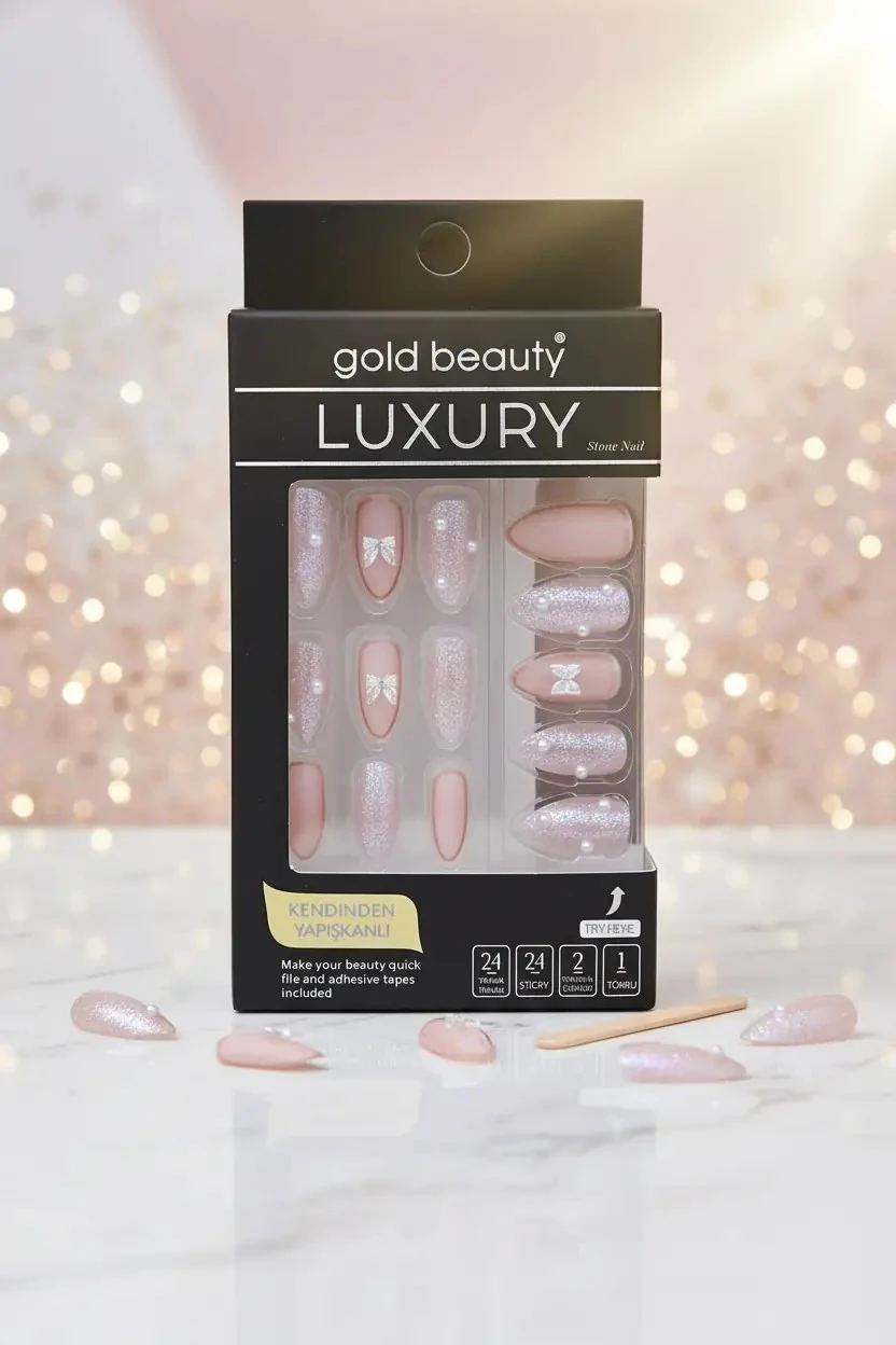 Gold Beauty Taşlı Takma Tırnak – Kendinden Yapışkanlı ve Zarif Detaylı Pratik Set