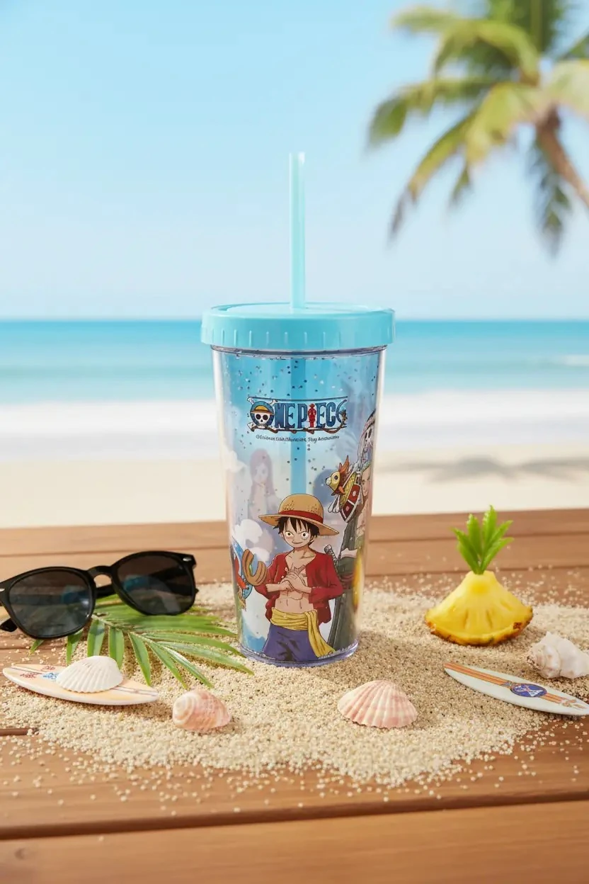 One Piece Lisanslı Çift Cidarlı Pipetli Plastik Su Kabı 420 ml (Mavi)