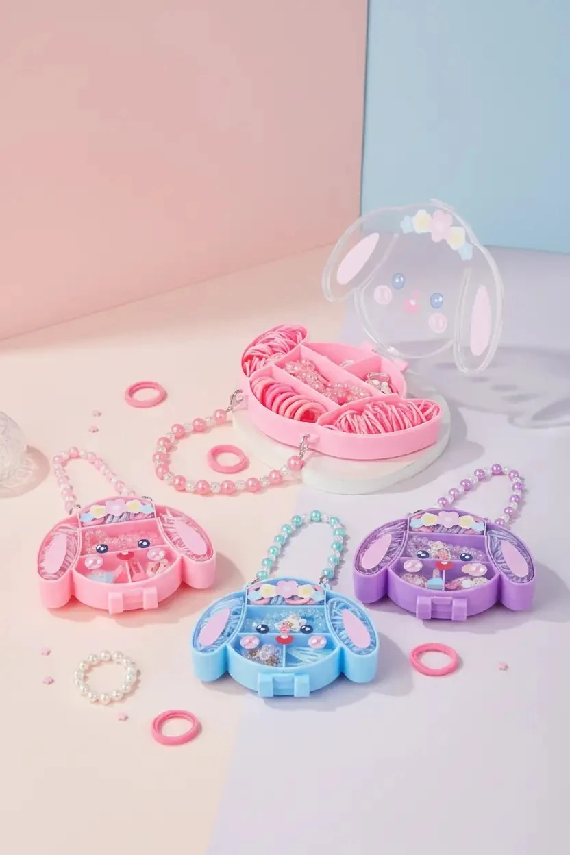 Miniso Lisanslı Lovely Serisi Küçük Tavşan Figürlü Toka Seti – İnci Detaylı Askılı Çantalı ve Renkli Saç Aksesuarı