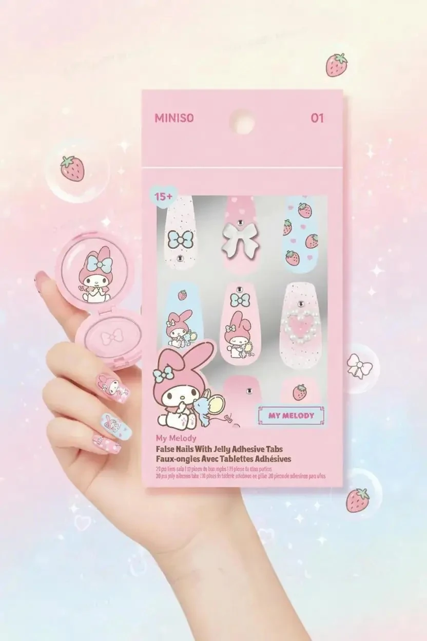 Sanrio Lisanslı My Melody Jel Yapışkanlı Takma Tırnak Pembe Mavi Şık Tasarım Model 01