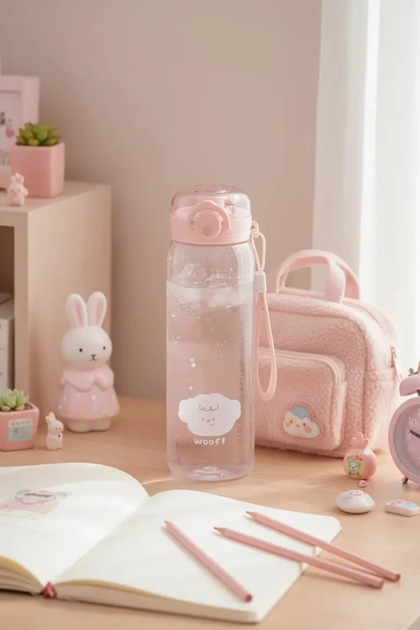 Miniso Lisanslı Hayvan Serisi Kapaklı Plastik Şişe Pembe 620 Ml – Kayışlı