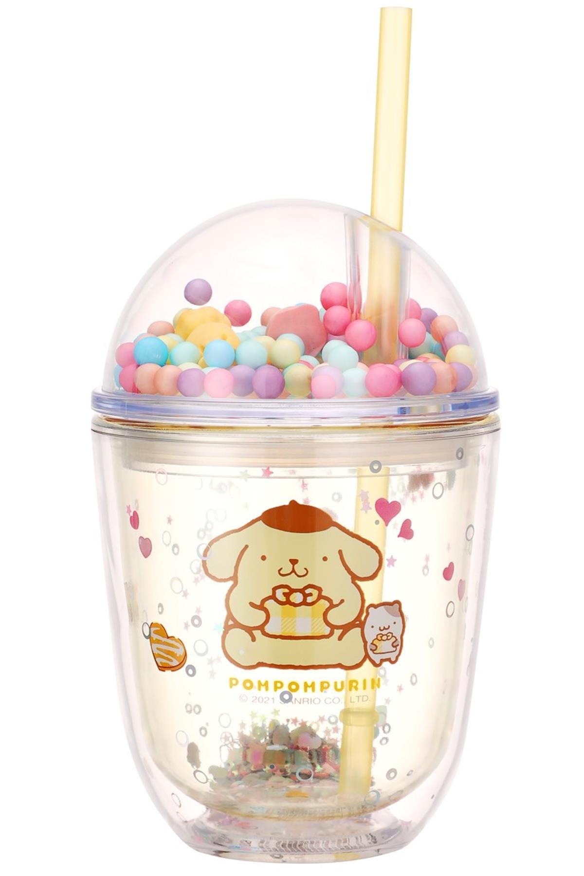 Sanrio Lisanslı Boncuklu Kapaklı Pipetli Plastik Şişe (435Ml) - Pompompurin