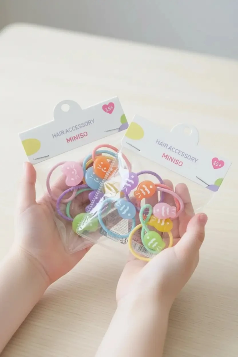 Miniso Lisanslı Çantalı Seri Saç Lastiği Seti – 6 Adet – Renkli Figürlü & Düzenleyici Çantalı