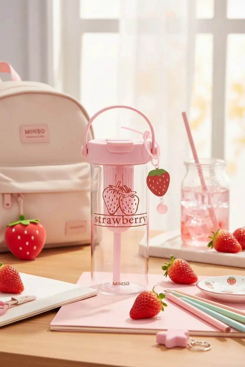 Miniso Lisanslı Çilek Serisi Askılı Plastik Şişe 750 Ml – Pipetli 20,8 Cm