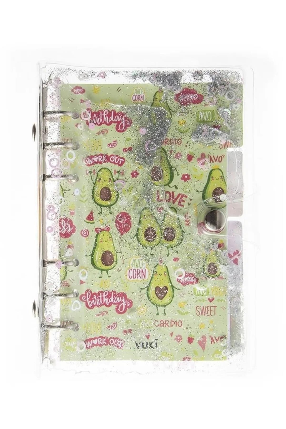 Vuki - Mekanizmalı Simli Ve Sulu Kapaklı Avokado Desenli Çizgili Defter