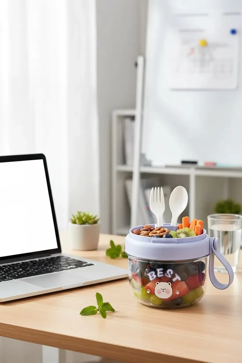 Miniso Lisanslı Tutacaklı Çizgi Karakterli Salata Kasesi – Sos Kaplı ve Çatal Bıçak Takımlı Sızdırmaz Kap 650 mL (Mavi)