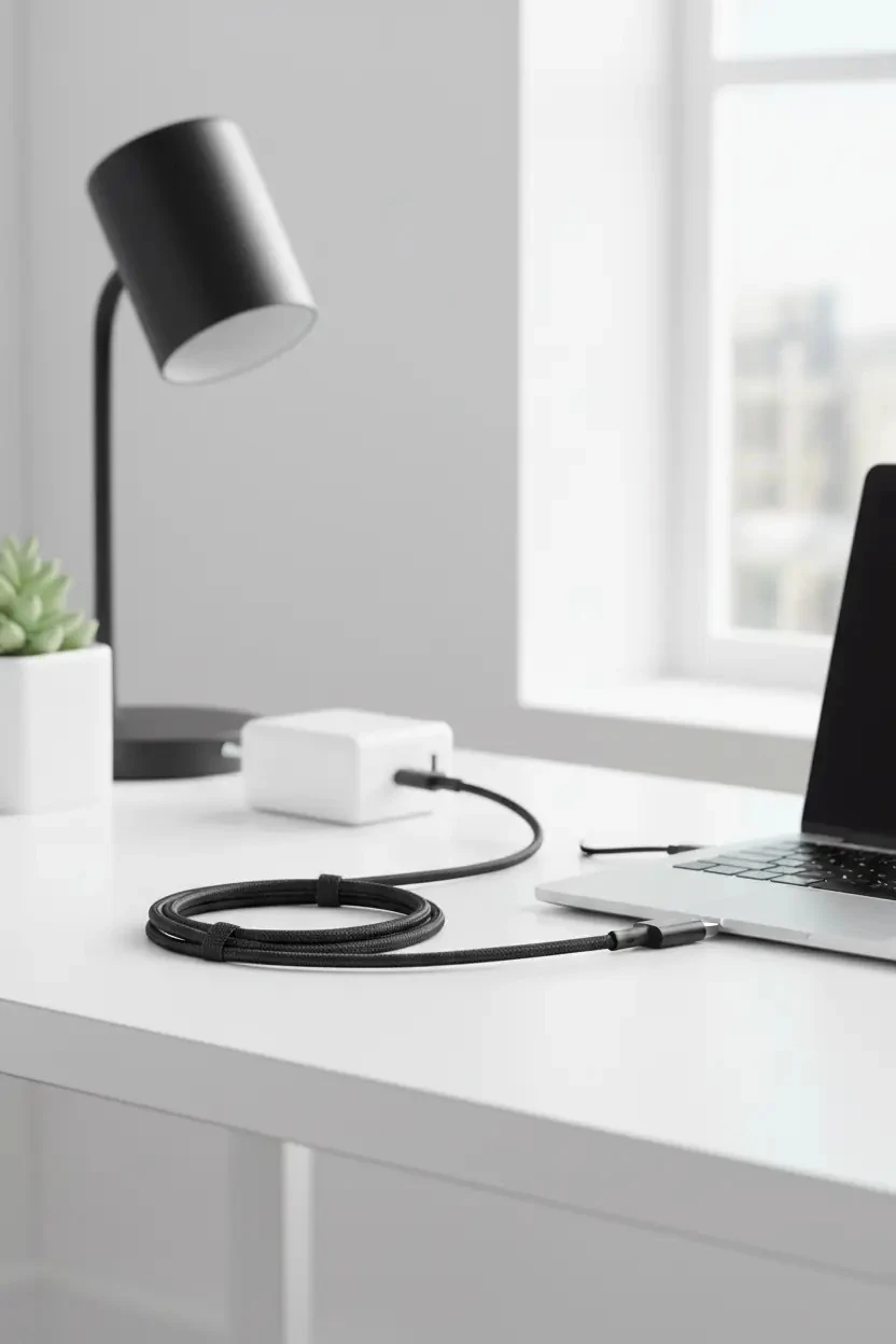 Miniso Lisanslı iPhone Kumaş Kaplama Hızlı Şarj ve Veri Kablosu – Dayanıklı ve Dolanmaz Siyah Kablo 1M