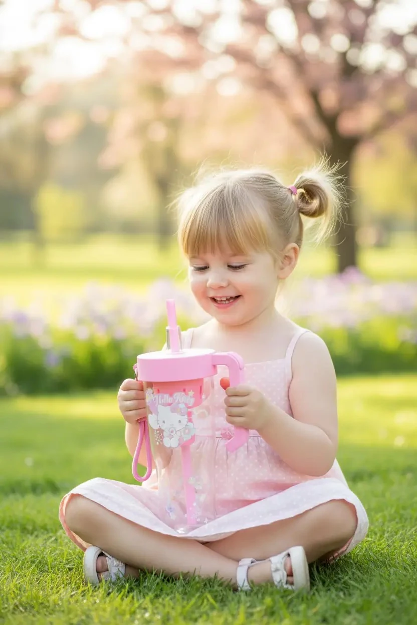 Sanrio Lisanslı Hello Kitty Çiçek Dili Serisi Borosilikat Cam Gövdeli Saplı ve Pipetli Suluk 1250 mL