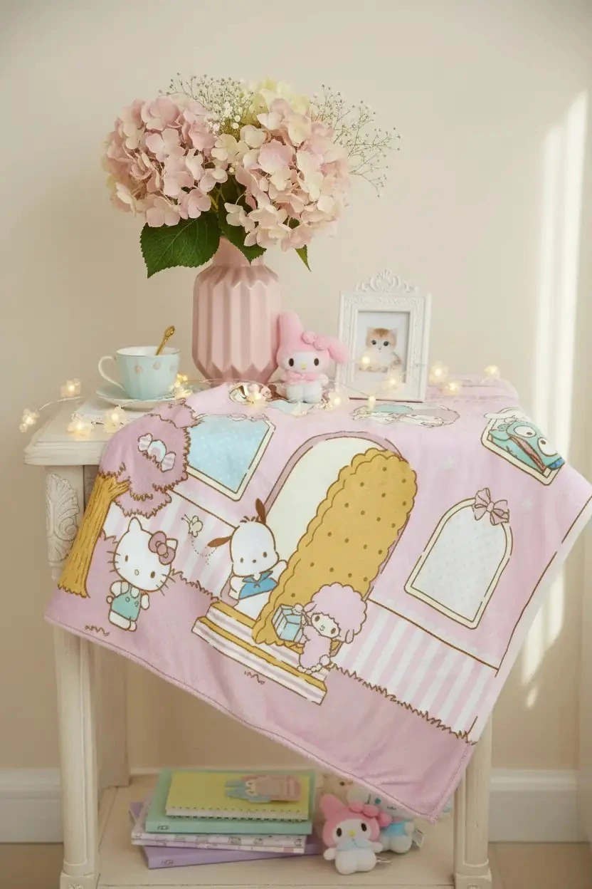 Sanrio Lisanslı Hello Kitty Desenli Battaniye – Dikey Desenli Yumuşacık Koltuk Yatak Örtüsü