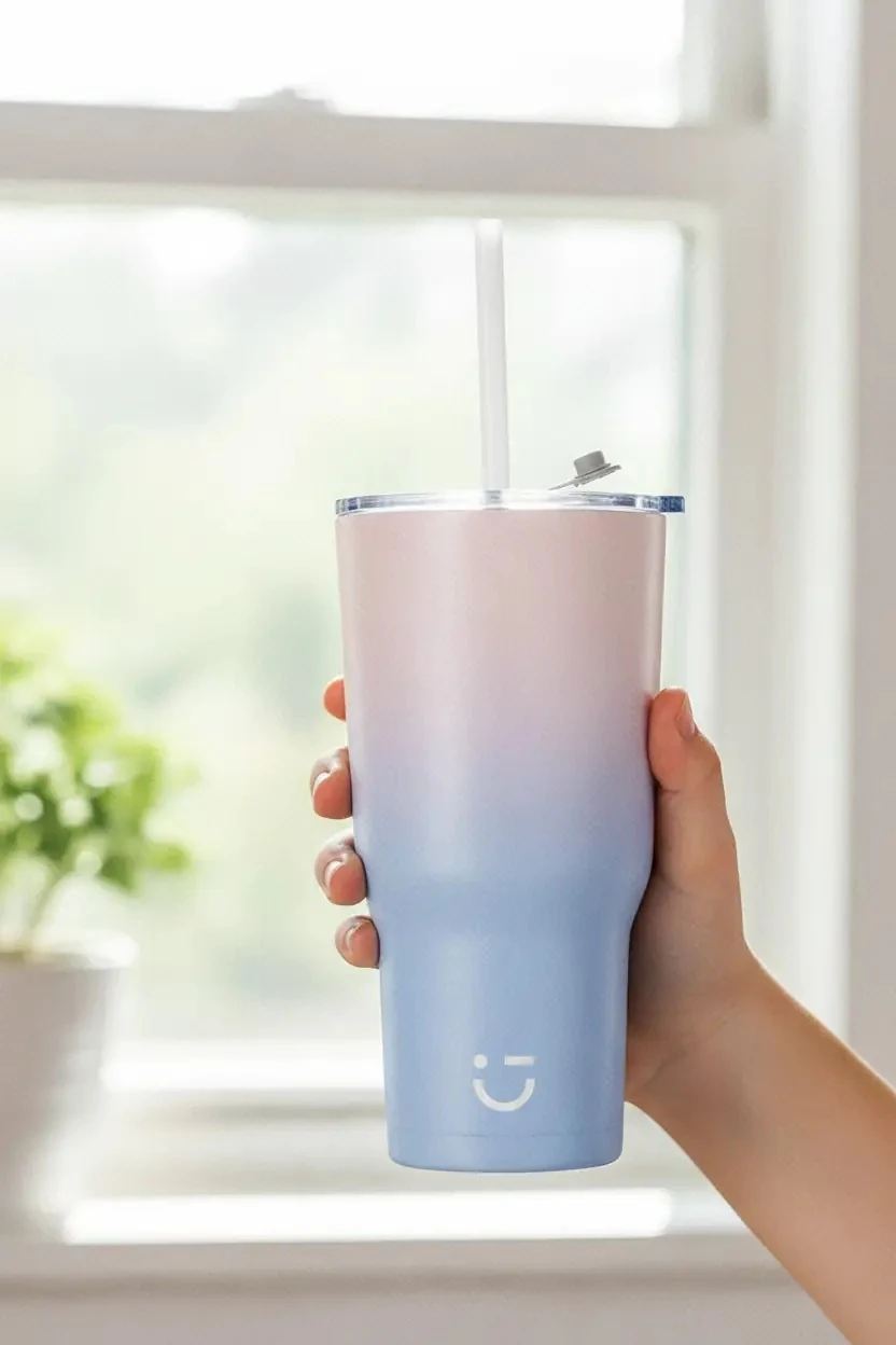 Gradyan Renkli Pipetli Çelik Matara 580 ml (Pembe)