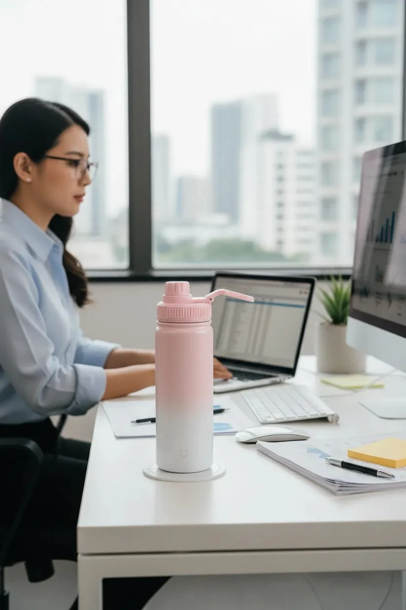 Sakura Serisi Pembe Çift Cidarlı tutacaklı Çelik Matara 550ml