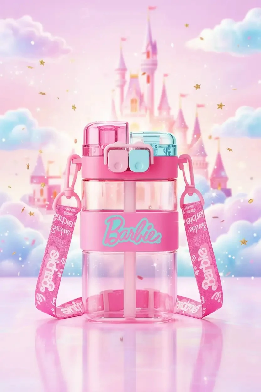 Barbie Lisanslı Omuz Askılı Plastik Şişe 560 Ml – Pipetli Su Matarası