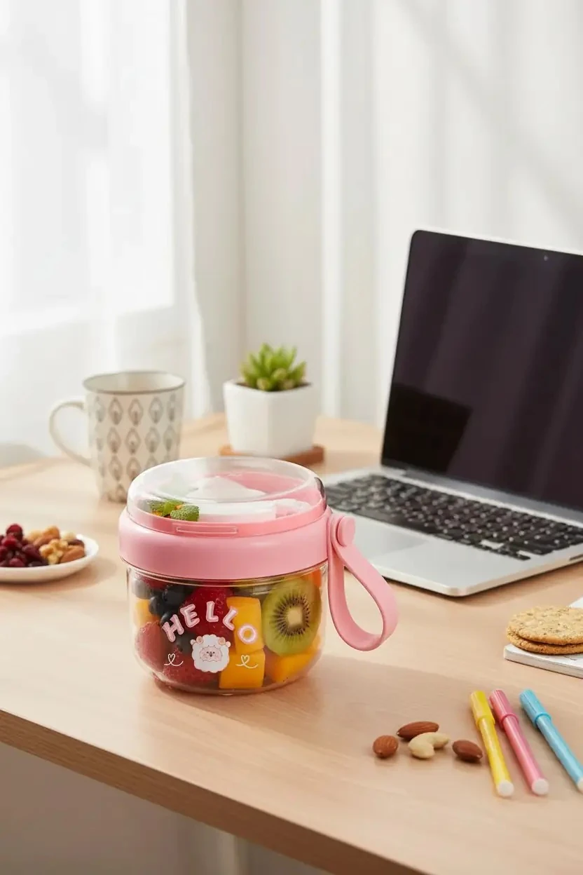 Miniso Lisanslı Tutacaklı Çizgi Karakterli Salata Kasesi – Sos Kaplı ve Çatal Bıçak Takımlı Sızdırmaz Kap 650 mL (Pembe)