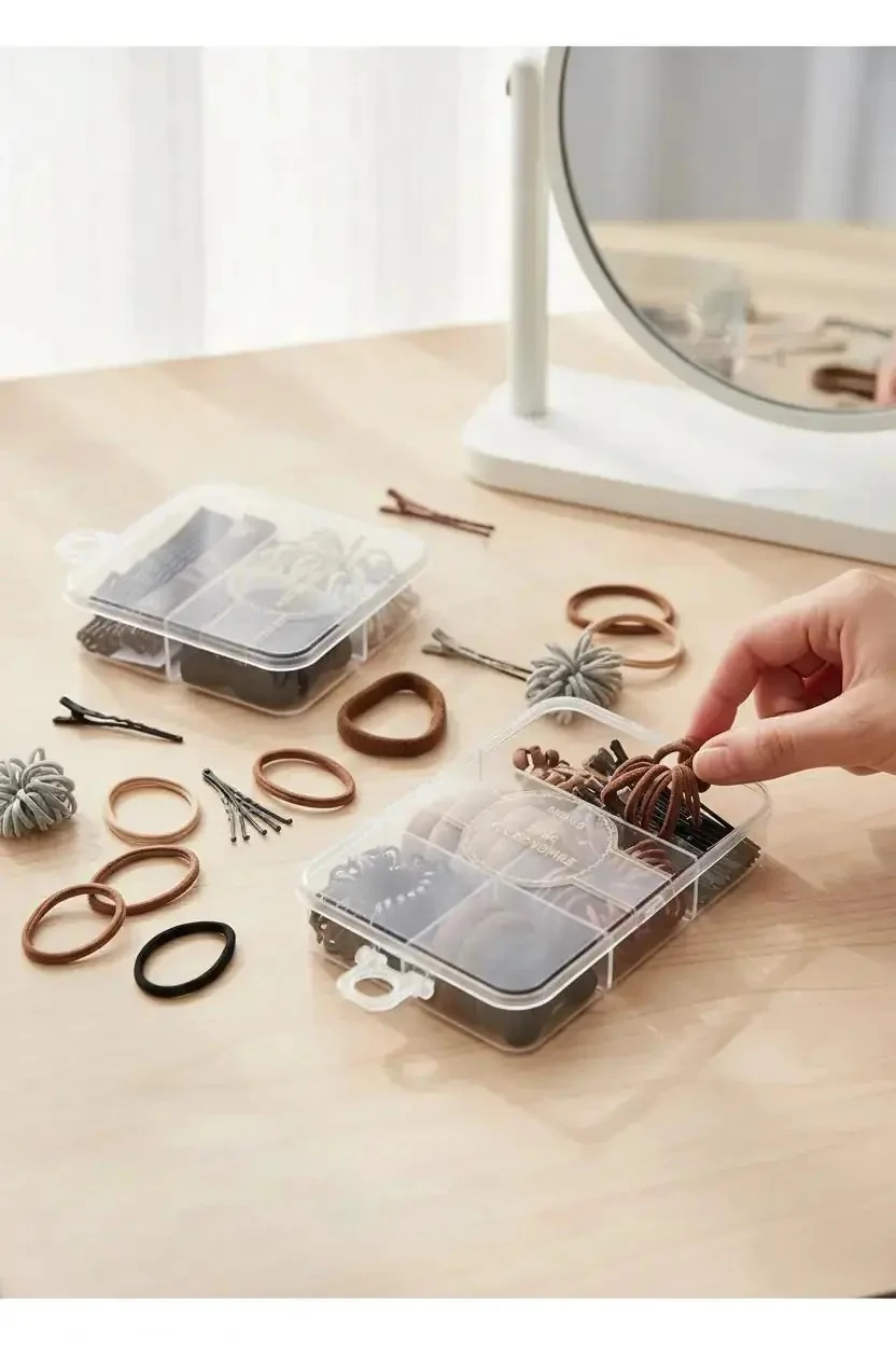 Miniso Basic Serisi Saç Klipsi ve Lastik Bantlar Seti – Şeffaf Kutulu Çok Amaçlı Toka Seti