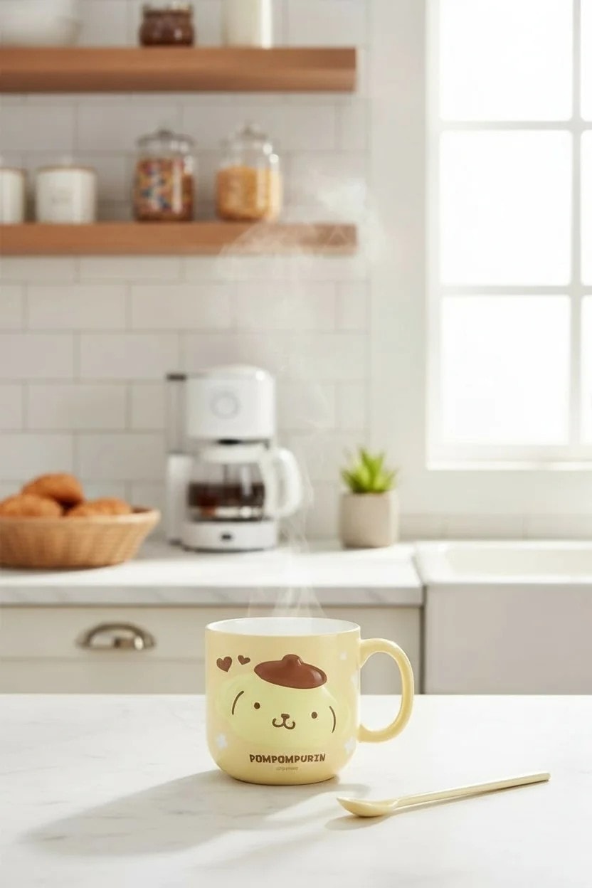 Sanrio Lisanslı Kabartmalı Seramik Kaşıklı Kupa (450mL)(Pompompurin)