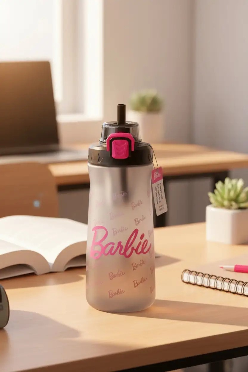 Barbie Lisanslı Pipetli Kapaklı Plastik Şişe - Siyah